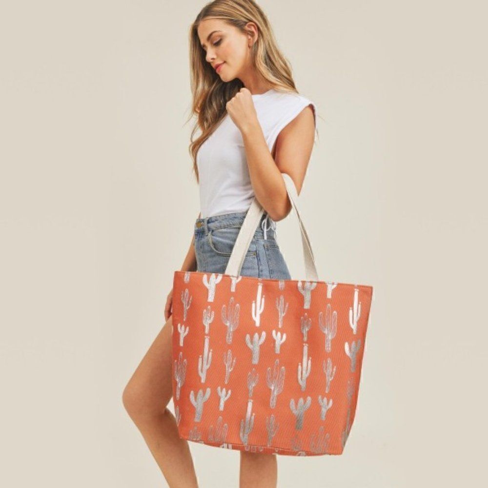 2-Piece Set, Large Clay Colored Beach Tote and Wristlet in Metallic Cactus Print